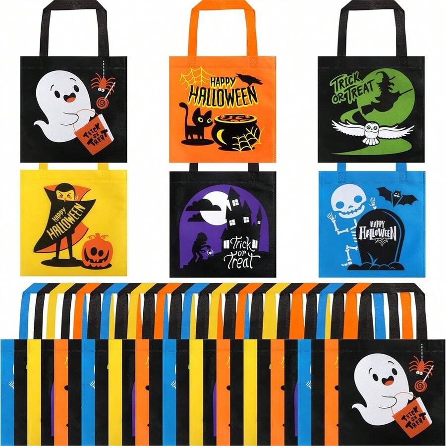 SYNCFUN 32 Non-Woven Halloween Tote Gift Bags Colorful, 6 Patterns Design Trick Or Treat Bags For Halloween Party Favor Supplies, Reusable Goody Candy Bag, Halloween Snacks Goodie Bags