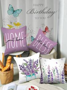 4入組/套具有相同設計的亞麻枕套，不含內芯，紫色小花紋，方形枕套，適用於客廳沙發，臥室床頭板，家居裝飾軟墊套，適用於靠背，適用於全年