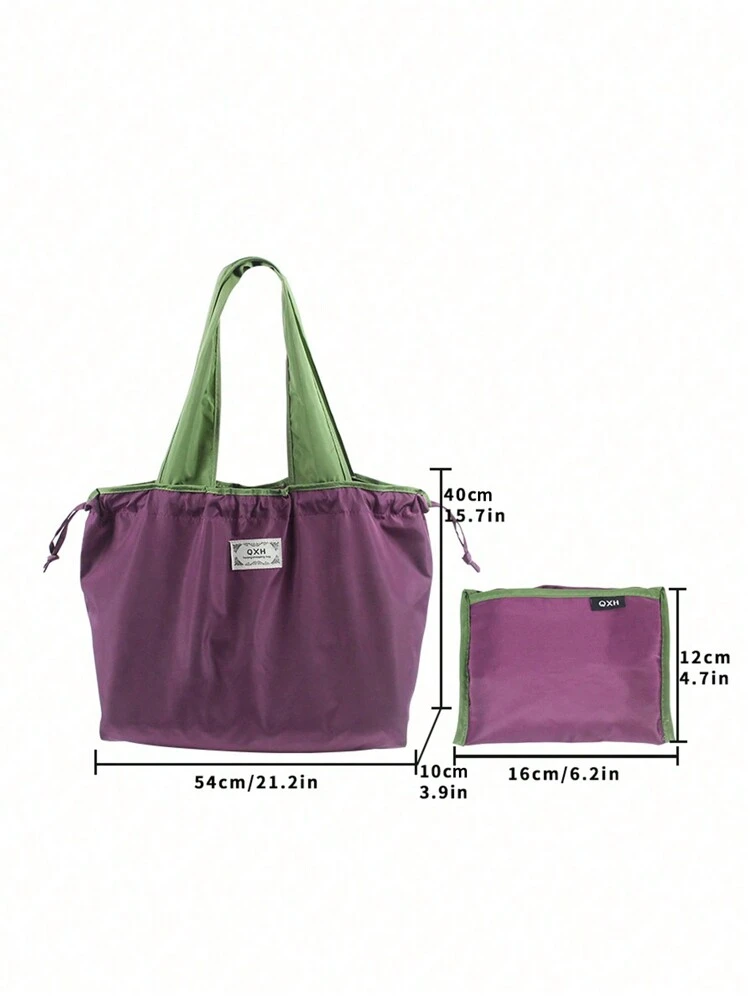 Large Capacity Draw String Closure Washable Supermarket Shopping Bag Tote Handbag Foldable Portable Grocery Bag (All Printed Letters Random) , Purple