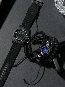 Set de 5 piezas que incluye un reloj de cara redonda digital y casual de hombre con correa de lona, emparejado con una pulsera tejida de PU con diseño de constelación, adecuado para uso diario y vacaciones, perfecto como regalo