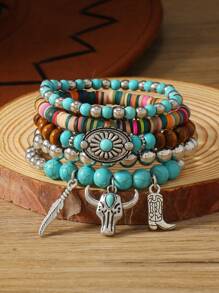 5pcs/Set Boho Style Wood Bead, Turquoise Leaf, Daisy, Bull Head & Bull Head Decor Bracelet For Women - Blue - View 1