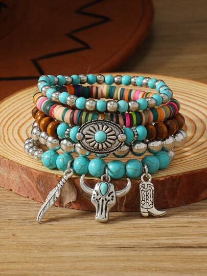5 piezas/Set de pulsera de estilo bohemio con cuentas de madera, hoja de turquesa, margarita, cabeza de toro y decoración de cabeza de toro para mujeres