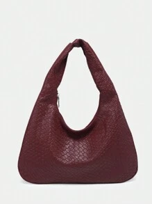 1 件复古简约休闲钩针仿海贝壳仿皮安哥拉红豹纹单肩托特包适合外出、约会、通勤 - 酒紅色 - 查看 2