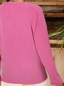 1pc Casual Solid Color Long Sleeve Round Neck T-Shirt - Hot Pink - View 4