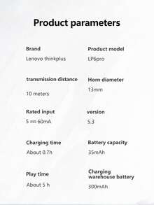 Lenovo Tai nghe Bluetooth bán nhét tai chống ồn thụ động LP6PRO có màn hình kỹ thuật số, chất lượng âm thanh Hi-Fi, độ trễ thấp, micrô, thời lượng pin dài, tai nghe không dây để nghe nhạc và chơi game - màu đen - Xem 9