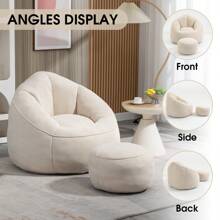 Bean Bag Chair For Adult, Microfiber Upholstered Bean Bag Sofa With Petal Back, Padded Lazy Sofa With Footstool, Memory Foam Stuffed Bean Bag Couch For Bedroom - Beige - View 8