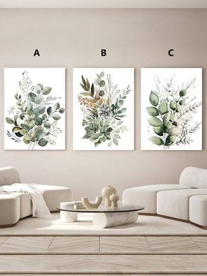 3 piezas/1 pieza Arte de pared enmarcado en lienzo, que presenta ilustraciones botánicas delicadas en tonos verdes relajantes con texturas detalladas de hojas y tallos, perfecto para la decoración de paredes de sala de estar, dormitorio, oficina, bar, listo para colgar
