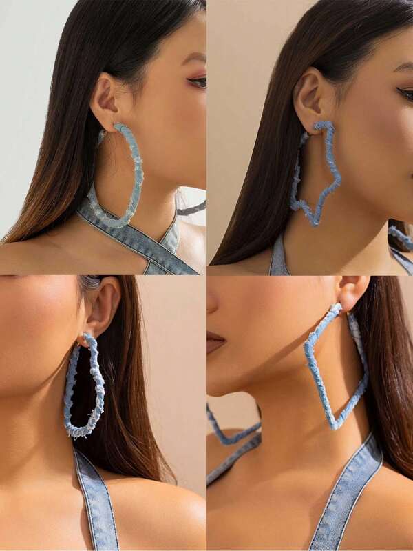 1 par de aretes con forma geométrica (corazón, estrella, cuadrado, círculo) envueltos en tela con efecto de mezclilla retro. Adecuados para mujeres en ocasiones diarias, de fiesta, citas y reuniones. Regalo ideal para San Valentín, mamá, madre, Día de la Madre.