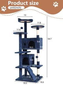 Cat Tree Tower For Indoor Cats, 53.9in Multi-Level Cat Furniture Activity Center, Kitty Play House With Sisal Scratching Post, Large Dual Condo, Climbing Ladder, Plush Toy For Kitten - Navy Blue - View 9