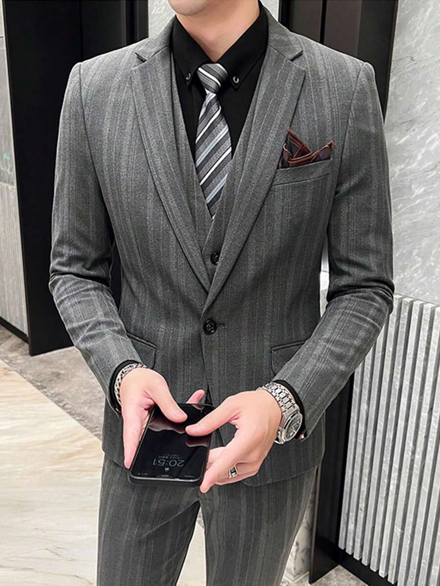 男士条纹翻领长袖商务/休闲西装外套，春季/秋季 - 深灰色 - 查看 1