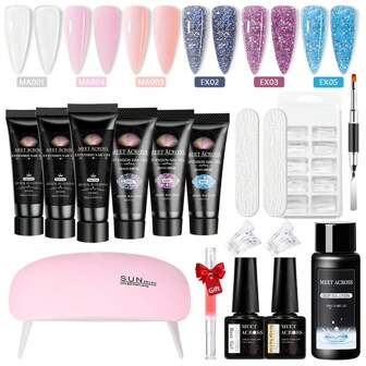 17件套美甲凝胶套装，夏季粉蓝闪粉美甲凝胶，快速延长甲套装，包含底胶、封层、滑液、甲片、美甲刷等工具，亚克力美甲延长套装，美甲用品，适合初学者，DIY美甲，居家美甲沙龙，女士礼物