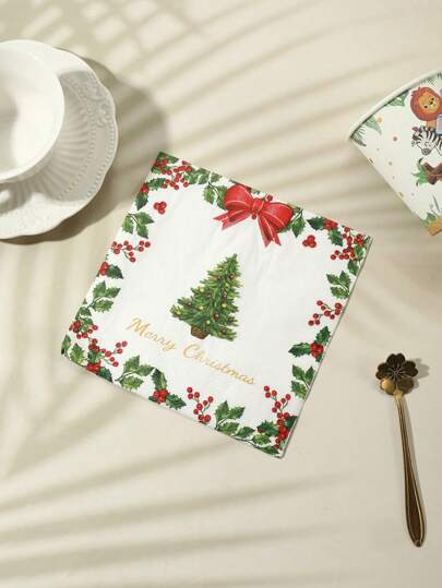 24 peças 13*13IN/33*33CM Árvore de Natal e Padrão de Frutas Guardanapos de Papel Descartáveis, Adequados para Celebrações de Festas de Natal, Feliz Natal