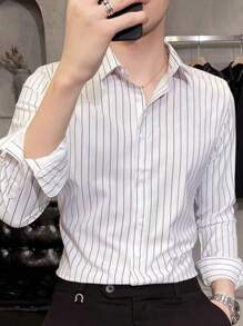 Hombres camisa de rayas verticales de manga larga de negocios camisa casual Camisas para hombre - Blanco - Ver 3