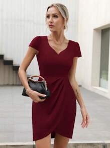 Missufe Women's Sweetheart Neck Pleated Tulip Hem Bodycon Elegant Party Dress - Burgundy - View 4