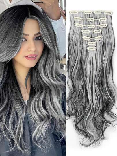 7件套长款波浪假发片，合成纤维夹式接发，优雅日常佩戴，BB夹材质。
