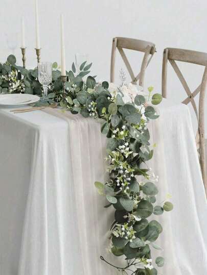 1pc 5.9FT Artificial Eucalyptus Garland & White Flower Silver Dollar Eucalyptus Leaf Baby's Breath Garland Greenery Vine For Wedding Party Backdrop Home Decoration, Valentine Day, Gift