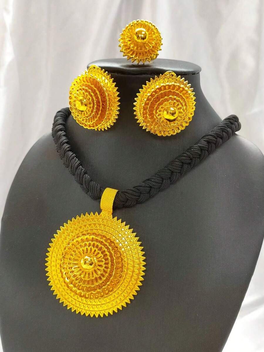 4 件/套时尚镀金首饰套装配黑绳 - 女士吊坠耳环戒指，适合中东迪拜、欧洲、美国、婚礼、派对、正式场合、节日礼物 - 金黃色 - 查看 1