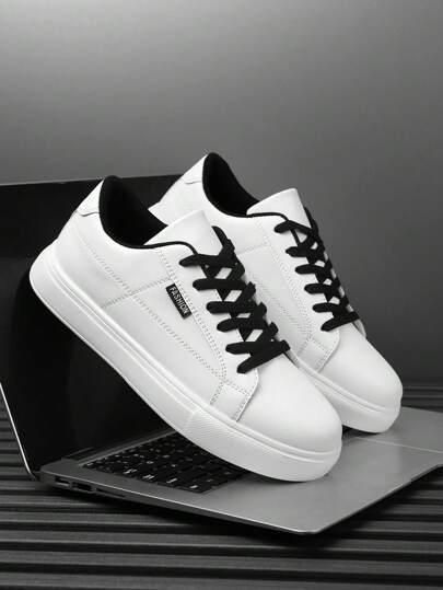 男士个性白色拼接字母纯色休闲运动鞋简约百搭平底户外运动鞋上班学生