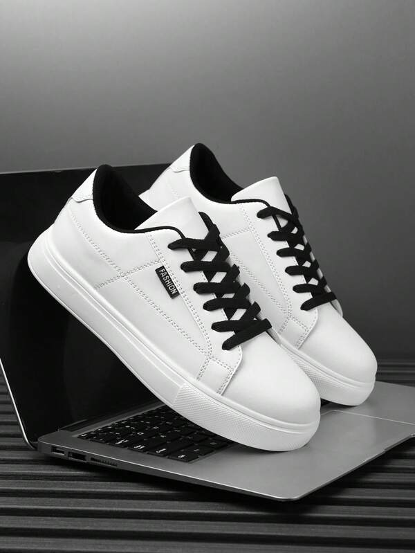 Men's Personalized White Splicing Letter Solid Color Casual Sports Shoes, Minimalist Versatile Flat Outdoor Sneakers For Work And Students