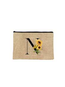 1pc Initials Printed Women's Makeup Bag, Khaki Small Bag, Sunflower Flower Print, Letters A-Z, Cosmetic Bag, Portable Wash Bag, Teacher's Day Gift, Reusable Makeup Bag, Women's Simple And Large Capacity Makeup Bag, Suitable For Weddings, Mother And Grandmother's Birthday Gifts, Ladies, Friends, Bridesmaids, Essentials Make Up Bag Holiday Essentials Makeup Bags Makeup Pouch 2024 Makeup Organizer Make Up Organizer Makeup Storage - Khaki - View 16