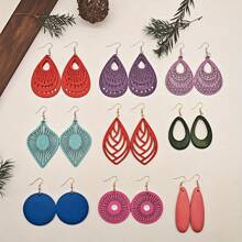 9pairs/Set Colorful Wooden Pendant Earrings, Elegant And Simple Style Earrings For Fall And Winter