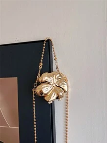 1 件新款迷你金属袋，镀金亮面金属零钱包，链条肩带斜挎包，花卉造型手提包，优雅钱包 - 金色 - 查看 6