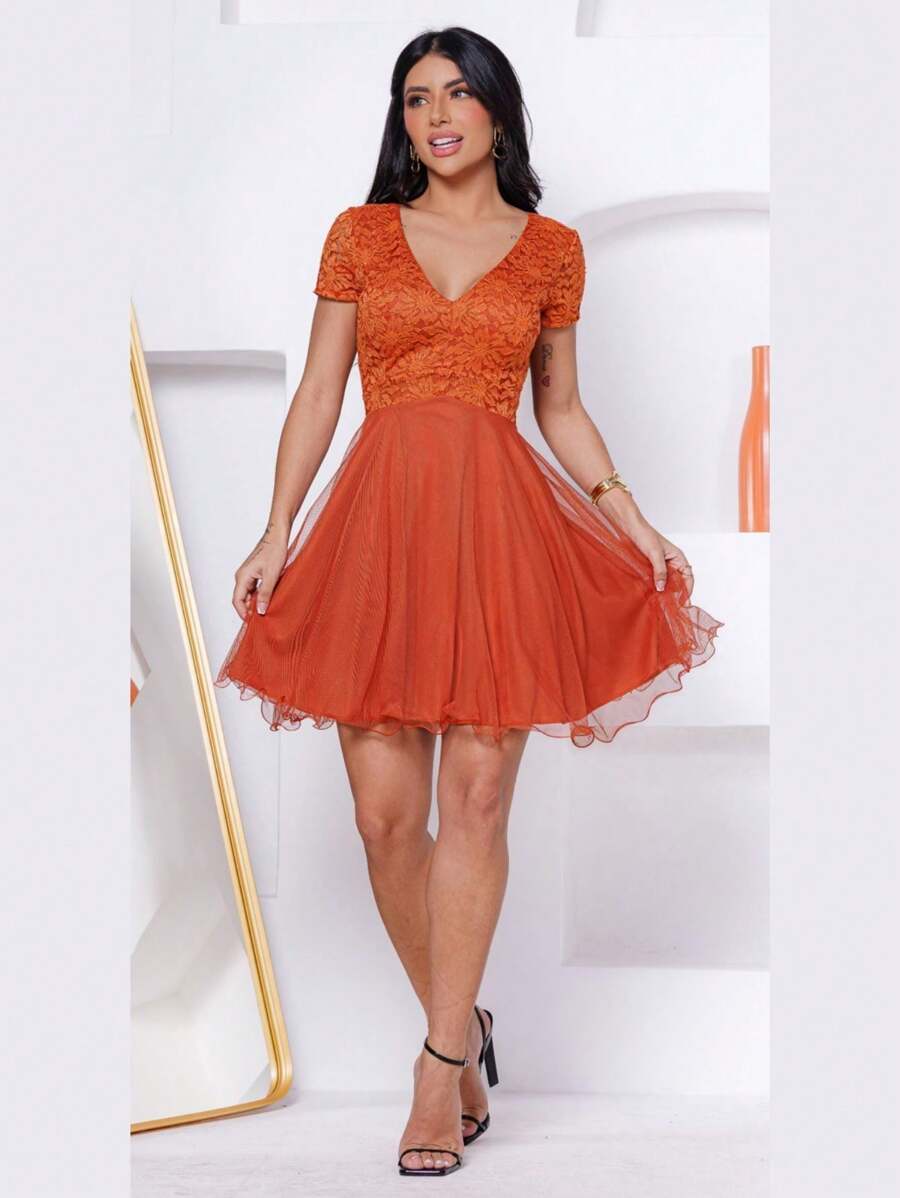 Women's Short Flared Dress With Short Sleeves, Solid Color, Party Fashion, Debutante Ball - 橘色 - 查看 1