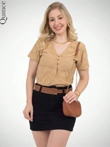 3-Button Laise Blouse With Loose Pleat Neckline, Fresh Summer - Lạc đà - Xem 4