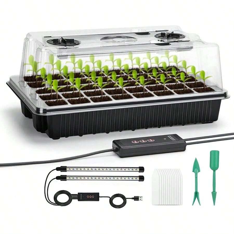 Seed Starter Tray Kit With Grow Lights, 1 Set 40 Cells Seed Trays With Humidity Dome, Mini Greenhouse For Seeds Growing & Cultivation - Black - View 1