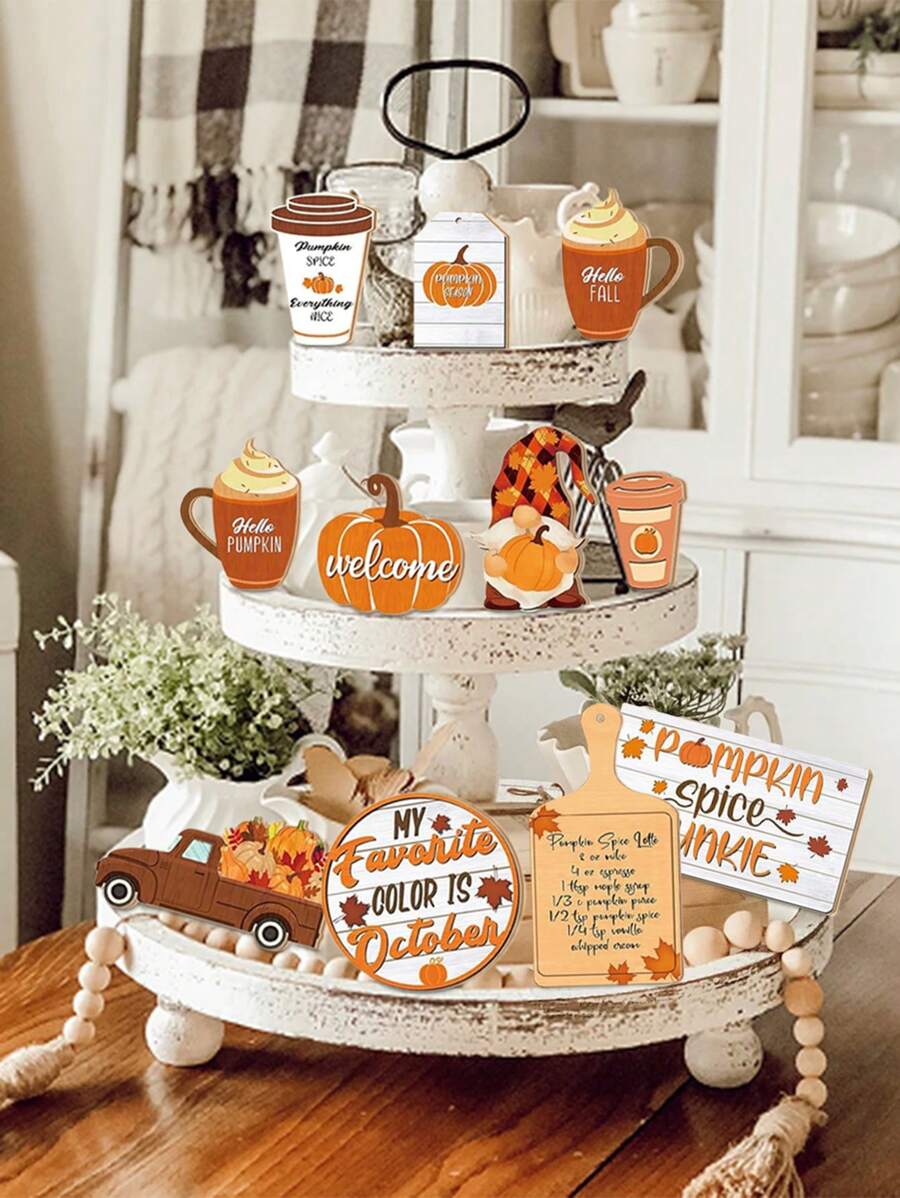 15 pièces Ensemble de décoration de plateau à étages Citrouille Hello Fall, en bois rustique, décoration d'automne pour la récolte, décoration de bureau pour la maison de ferme, cuisine, décoration de table pour la fête d'Action de grâce - Multicolore - Voir 1