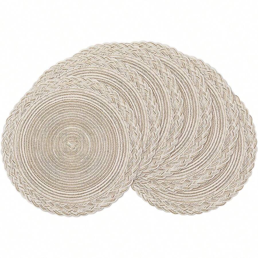 CHARMCCI 1/4 Set Round Woven Placemats, 15-Inch Woven Rim, Machine Washable Polyester, Ivory White - Multicolor - View 1
