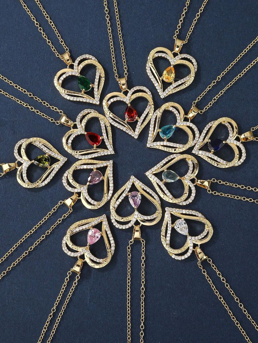 1件心形雕刻吊坠项链 - 镶嵌12颗诞生石 - 适合日常佩戴、节日和特殊场合的完美情侣礼物 - 永恒闪耀的锆石设计，适合女性 - 金黃色 - 查看 1