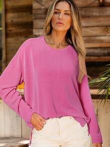 1pc Casual Solid Color Long Sleeve Round Neck T-Shirt - Hot Pink - View 1