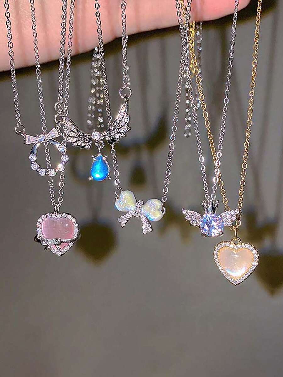 6 chiếc vòng cổ mặt trái tim pha lê hồng Y2K Hàn Quốc dành cho nữ cô gái Punk Gothic dây chuyền xương đòn trang sức thẩm mỹ đám cưới ngày lễ tình nhân - Nhiều màu - Xem 1