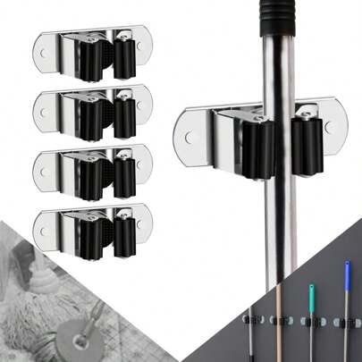 4PCS Broom Holder Wall Mounted, Mop Broom Holder Stainless Steel, Heavy Duty Garage Tool Hanger Mop Broom Storage Rack Mop Holders For Kitchen Bathroom Garden Laundry Closet