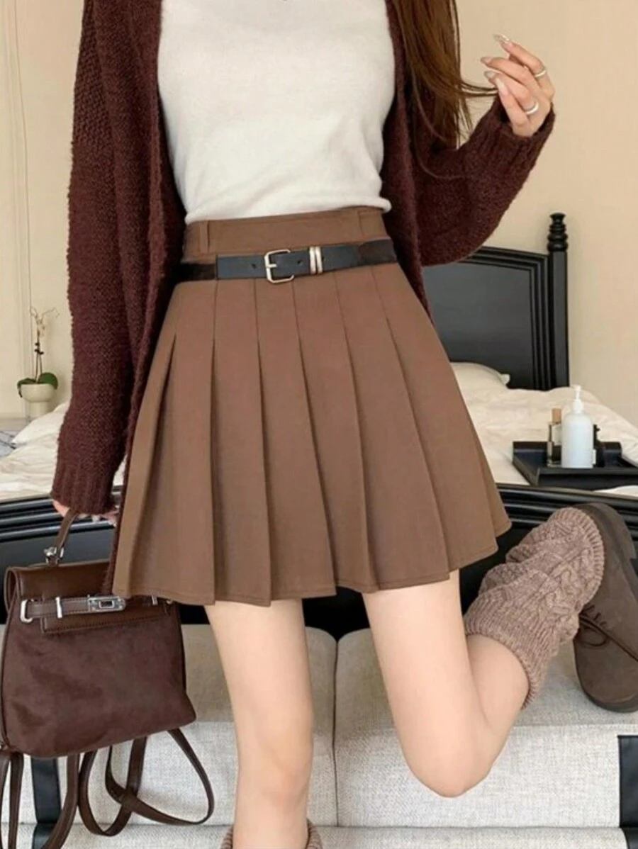 Solid Color Pleated Culottes, Bring Your Own Shorts - Mocha Brown - View 1