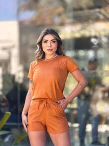 CONJUNTO SHORT SUEDE - Caramelo - Visão 4