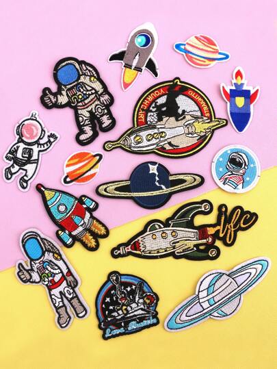 14pcs Astronaut & Planet Polyester Embroidered Patches, DIY Apparel, Clothing, Shoes, Accessories, All Season