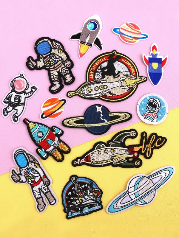 14pcs Astronaut & Planet Polyester Embroidered Patches, Multiseason Apparel & Accessory DIY Summer, School