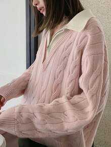Women's Elegant Mock-Neck Half Zip-Up Pullover Sweater - Pink - View 4
