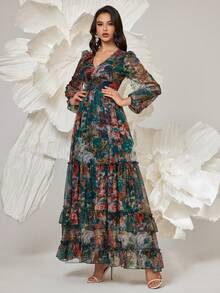 Women Vintage Floral Print Long Sleeve Frill Trim Summer Dress Spring Vacation Elegant - Green - View 5