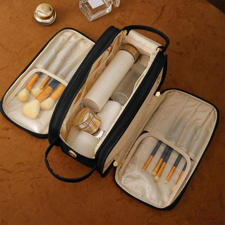 奶油色防水 PU 皮革多功能化妆包双层大容量便携式旅行化妆包洗漱用品收纳包带手柄女士分隔 PU 化妆包刷子收纳包男士商务洗漱包学校用品旅行必需品化妆包节日必需品化妆包化妆袋化妆品收纳包节日冬季化妆品收纳包化妆品收纳返校用品 - 彩色 - 查看 7