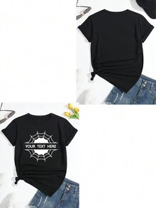 定制图案印花宽松舒适圆领短袖女士 T 恤、万圣节服装、个性化您的文字/姓名、女式上衣、黑色上衣 - 黑色 - 查看 3