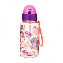 1pc 500ml Cute Cartoon Print Water Bottle With Straw For School Leak Proof & Easy Clean & Carry Handle, For Outdoor, Camping