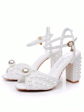 Sandalias de tacón alto con taco grueso de 9 cm, con agujeros y perlas falsas, de punta abierta, para boda, novia, fiesta de noche, vestido de Día de San Valentín, color blanco