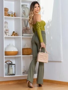 Calça Flare Bailarina com Zíper Simples Salto alto elegante Festa Casual Boho Tecido de malha Com cinto Zíper Sem usar Malha Contraste Calça Feminina Noite Feriado Festa de aniversário Diário Formal e Noturno Despedida de solteira viagem Roupas de aeroporto Todas as Estaçoes