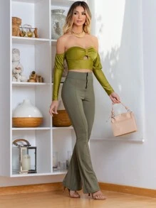 Calça Flare Bailarina com Zíper Simples Salto alto elegante Festa Casual Boho Tecido de malha Com cinto Zíper Sem usar Malha Contraste Calça Feminina Noite Feriado Festa de aniversário Diário Formal e Noturno Despedida de solteira viagem Roupas de aeroporto Todas as Estaçoes