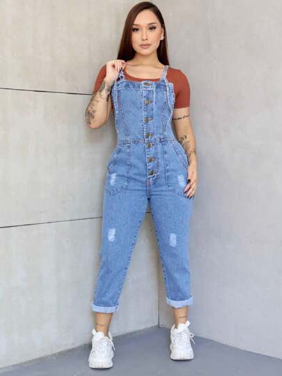 Jardineira Denim Feminina com Botões Macacão Longo Festa junina