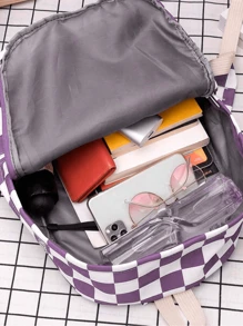 Classic Backpack Checkerboard Pattern Color Matching Preppy With Handbag Accessory, School Backpack - Purple - View 5