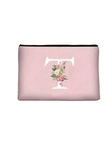 1pc Letter Initial Printed Cosmetic Bag, Pink Small Size, White A-Z Letter, Makeup Bag, Portable Toiletry Bag, Teacher's Day Gift, Reusable Makeup Bag, Women Minimalist Large Capacity Travel Makeup Bag - Pink - View 20